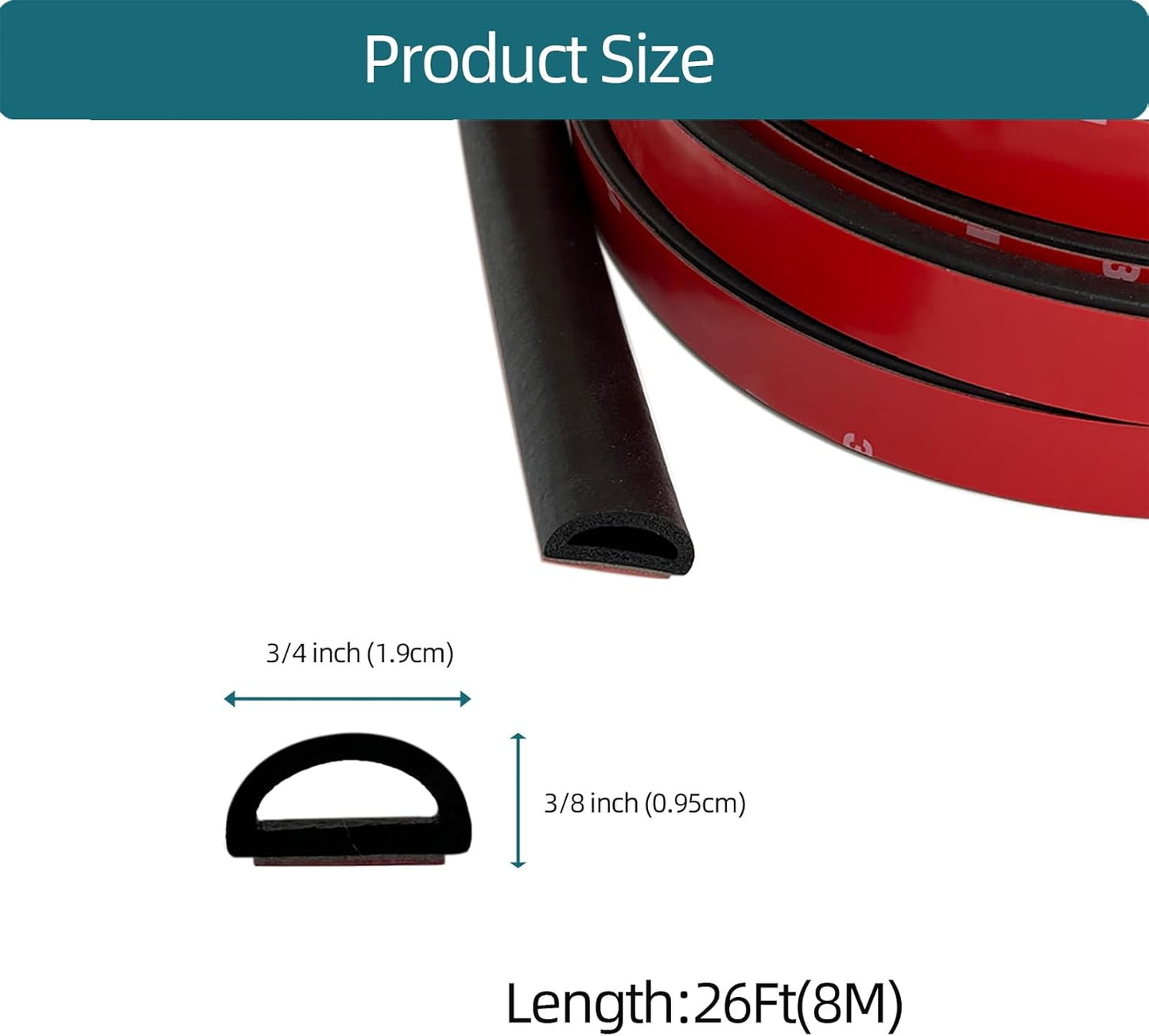 D Shape EPDM Foam Rubber Seal with Tape, Self-Adhesive Rubber Weather Stripping for Boat, Auto, RV, Marine, Garage Doors/Window and More, W:0.75"; H:0.375"; L:26Feet