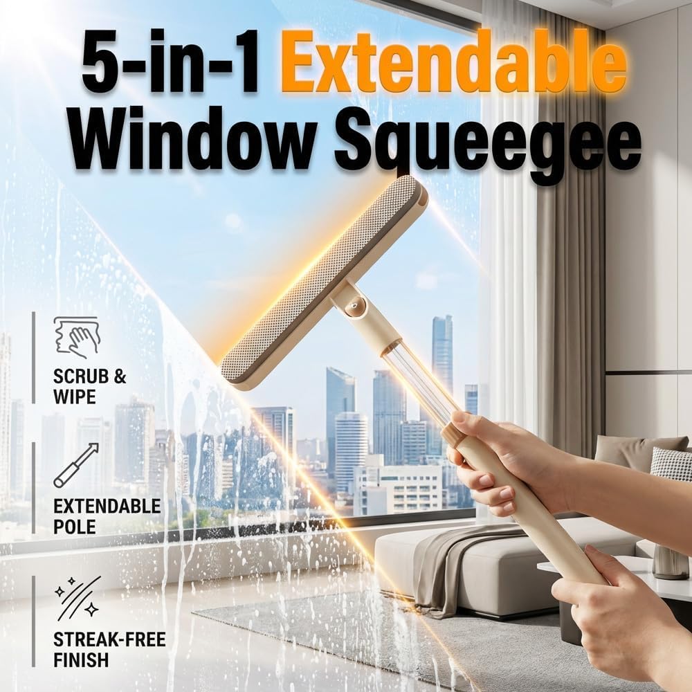 3-in-1 Double-Sided Window Screen Cleaning Brush, Window Screen Cleaner Tool with Squeegee, Dual-Use Wet & Dry Cleaning Brush with Built-in Crevice Tool, Long Handle for Home, Office & Car (Yellow*1)