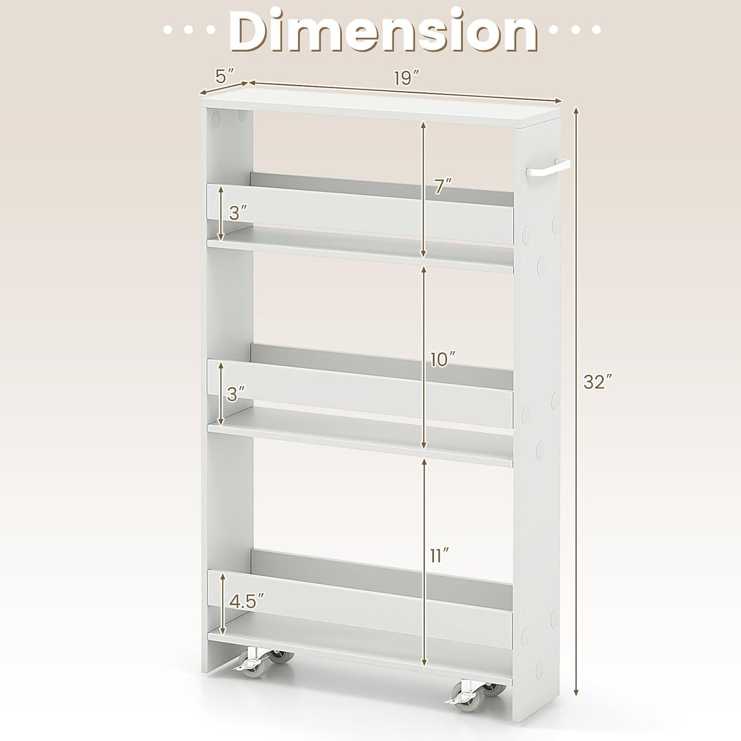 COSTWAY Slim Rolling Storage Cart, 4-Tier Rolling Utility Cart, Wood Kitchen Storage Cart with Handle & Wheels, Narrow Rolling Shelving Unit for Kitchen Bathroom Laundry Small Places (Plain White)