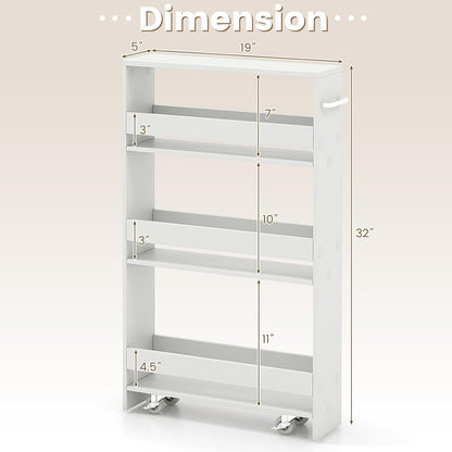 COSTWAY Slim Rolling Storage Cart, 4-Tier Rolling Utility Cart, Wood Kitchen Storage Cart with Handle & Wheels, Narrow Rolling Shelving Unit for Kitchen Bathroom Laundry Small Places (Plain White)