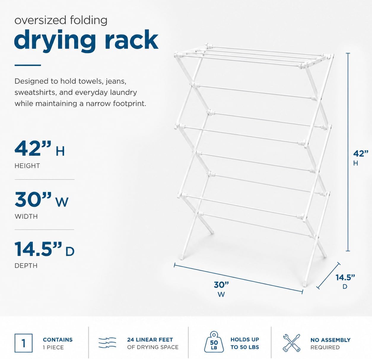 Honey-Can-Do 6-Tier Collapsible Steel Clothes Drying Rack, 24 ft, White | 6-tier steel rack with 24 ft of drying space folds flat to 3 in. Coated bars are gentle on delicates; 50 lb capacity.
