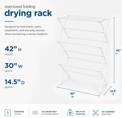 Honey-Can-Do 6-Tier Collapsible Steel Clothes Drying Rack, 24 ft, White | 6-tier steel rack with 24 ft of drying space folds flat to 3 in. Coated bars are gentle on delicates; 50 lb capacity.