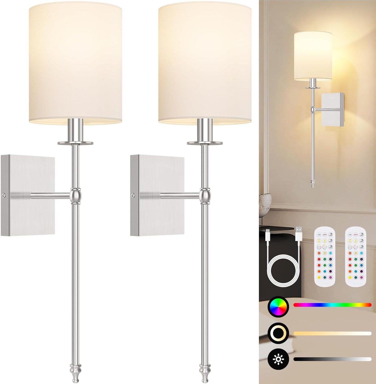 24.8 Inch Black Battery Operated Wall Sconces Set of 2, Rechargeable Wireless Wall Lights with Remote & White Fabric Shade, Indoor Not Hardwired Dimmable Wall Lamps for Bedroom, 2 Bulbs Included