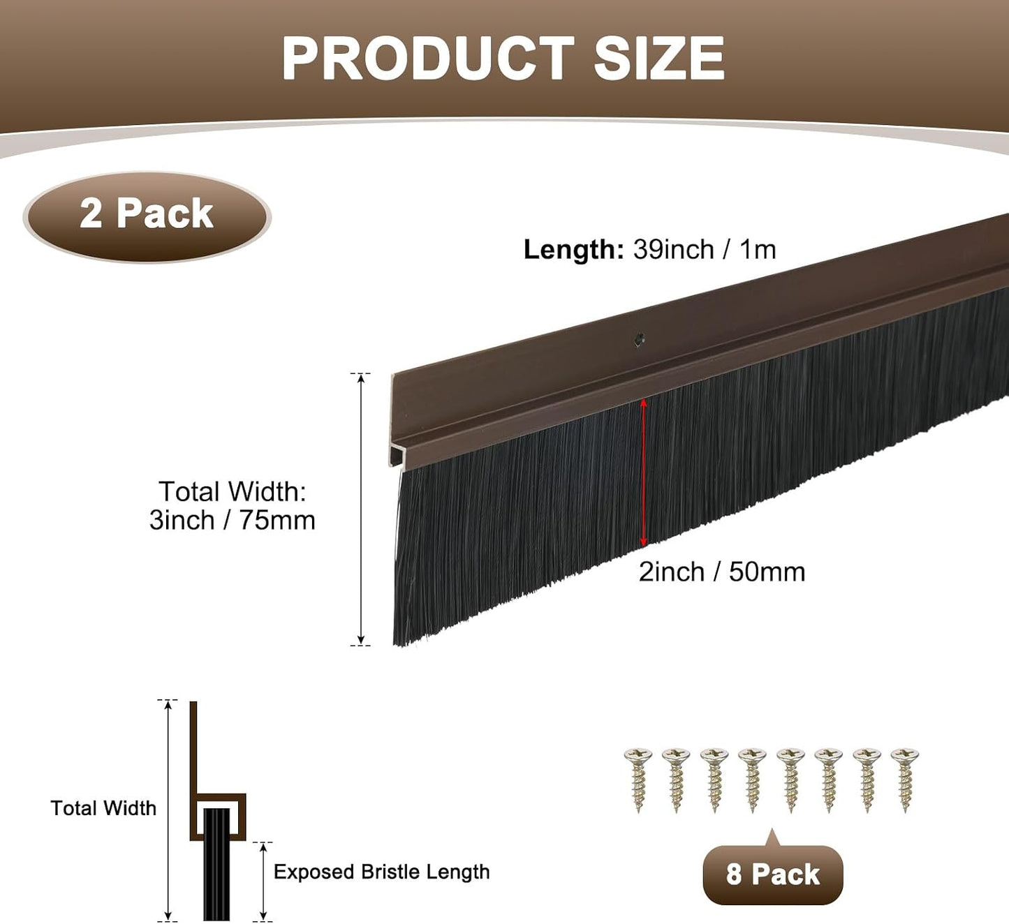 M METERXITY 2Pack Door Sweep - 39" Door Bottom Brush Heavy Duty Seal Draft Stopper Aluminum Base with 50mm Brush, Adhesive/Screw Installation for Interior/Exterior/Garage/Sliding Doors, Black