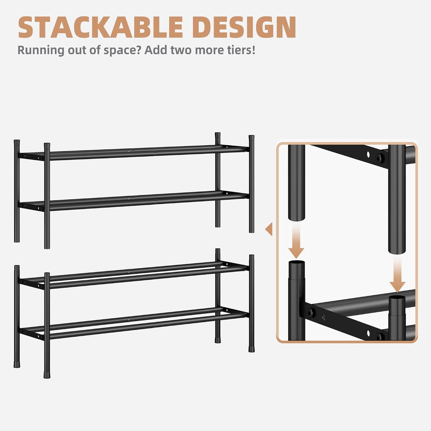 STORAGE MANIAC Long Expandable Shoe Rack, 18 Pairs Metal Wide Stackable Shoe Rack, Adjustable Shoes Shelf, Freestanding Shoes Organizer for Closet, Entryway, Hallway, Garage, Front Door, 3 Tiers