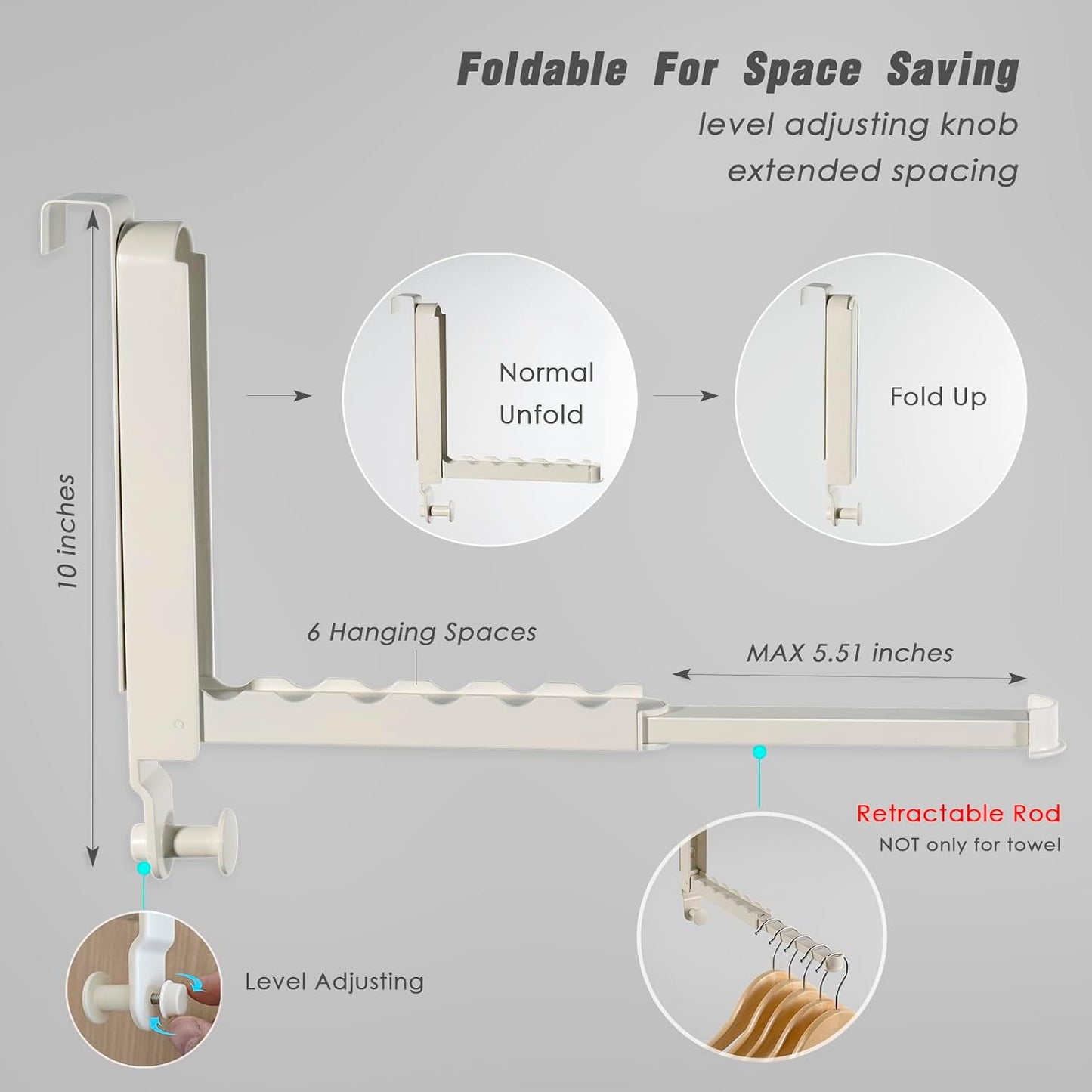 Folding Clothes Drying Rack with 3 Brackets for Over The Door and Wall Mount, All Metal Laundry Dryer Rack with Retractable Rod for Towel, Fit Doors Thickness from 0.59in to 1.96in (Space Grey)