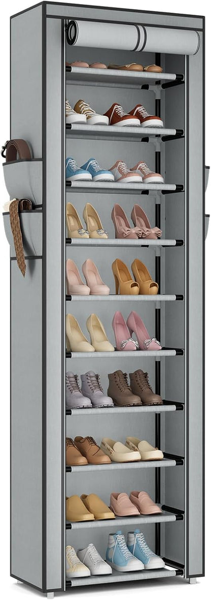 ROJASOP 10 Tier Shoe Rack with Covers,Large Capacity Stackable Tall Shoe Shelf Storage to 50-55 Pairs Shoes and Boots Sturdy Metal Free Standing Shoe Rack Organizer for Closet Entryway Garage