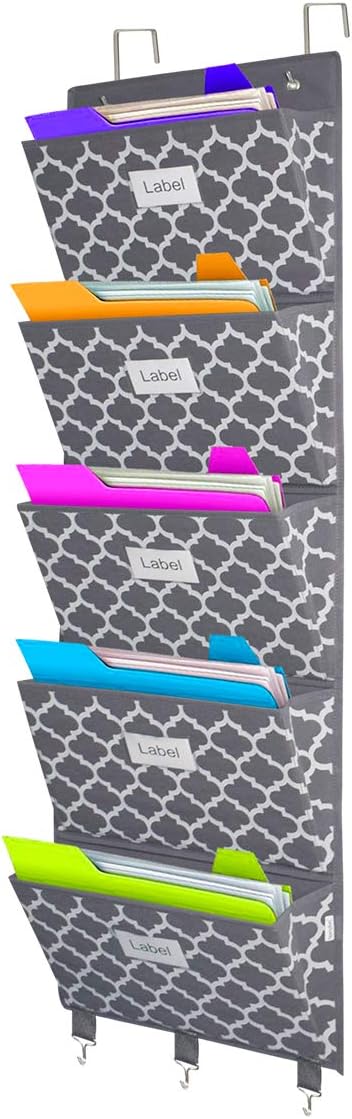homyfort Over the Door File Organizer, Wall Hanging File Folders with 5 Large Pocket for Mails, Magazines, Back to School Supplies,Office Chart Storage, Paper Organization (Grey)