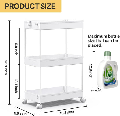 SPACEKEEPER Rolling Storage Cart 3 Tier, Bathroom Cart Organizer Laundry Room Organizer Utility Cart Mobile Shelving Unit Multi-Functional Shelves for Office, Kitchen, Bathroom, White