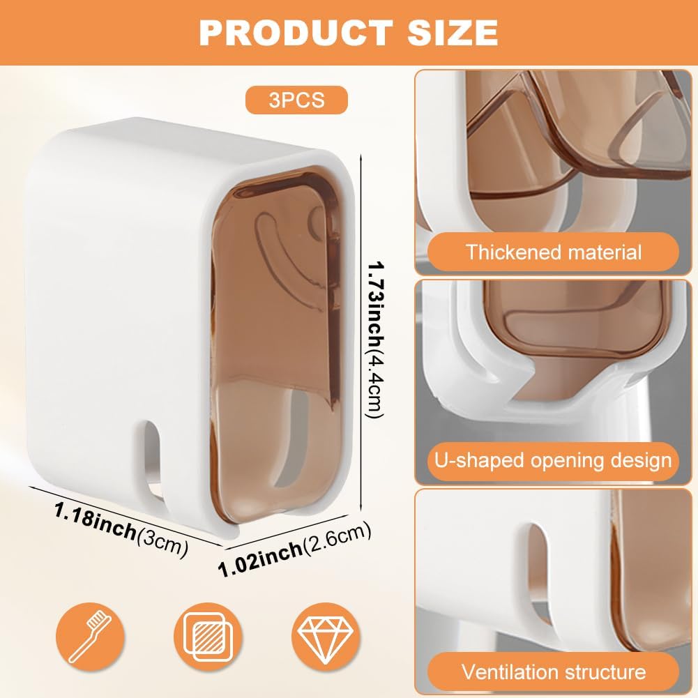 3PCS Toothbrush Holder Wall Mounted with Cover,Single Slot Electric Tooth Brushing Holder,Self Adhesive Hanging Toothbrush Organizer for Bathroom,Family,Travel(4.4 * 3 * 2.6cm,Color:Brown)