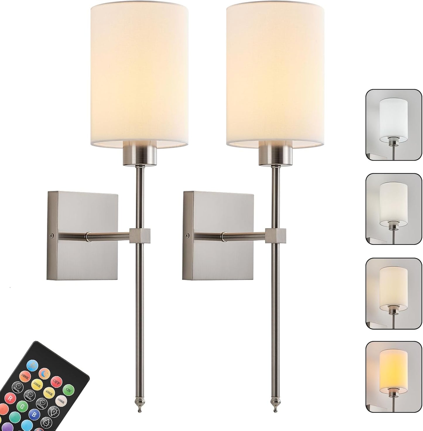 Battery Operated Wall Sconces Set of Two,Wireless Rechargeable Wall Light With Remote Control, Dimmable, Amber Light/Warm White/Natural White/Daylight/RGB, Timer,for Living Room,Bedroom,Entryway,Gold