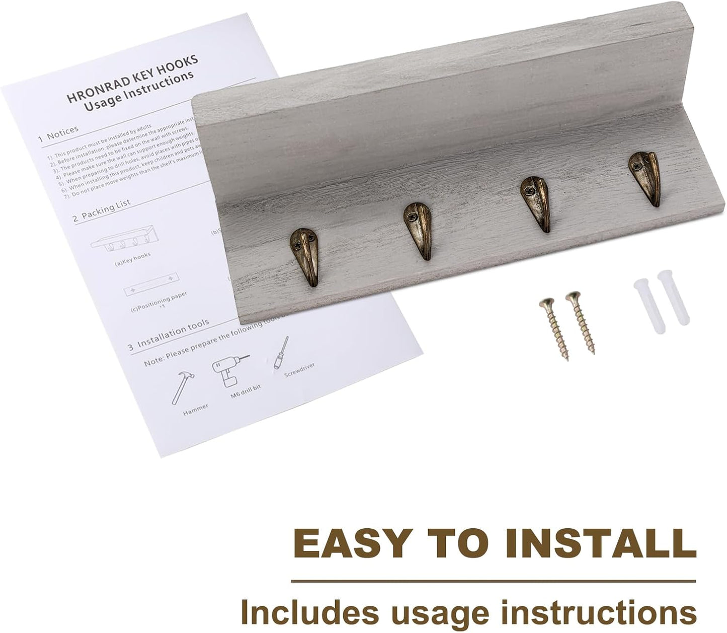 HRONRAD Rustic Key Holder for Wall, Farmhouse Wall Shelf with 4 Hooks, Wall Mounted Key Racks, Wooden Mail Organizer with Hooks for Entryway (Brown)