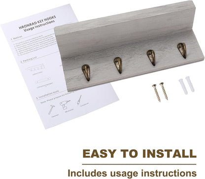 HRONRAD Rustic Key Holder for Wall, Farmhouse Wall Shelf with 4 Hooks, Wall Mounted Key Racks, Wooden Mail Organizer with Hooks for Entryway (Brown)