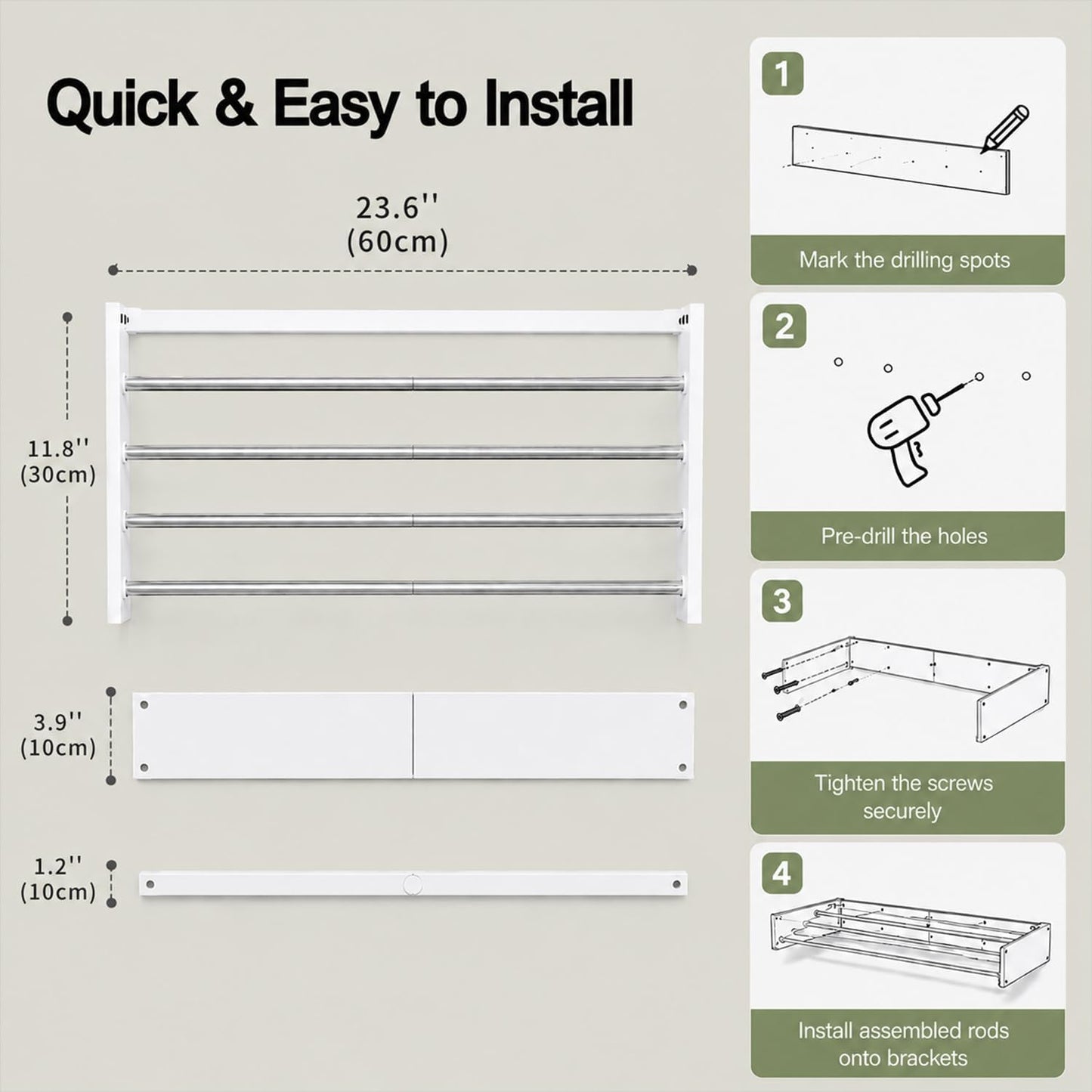 2 Pack Wall Mounted Drying Rack 23.6", Premium Carbon Steel Foldable Wall Mounted Drying Rack with 5 Rods, Wall Drying Rack Apartment, Bathroom, Indoor Outdoor Balcony, White