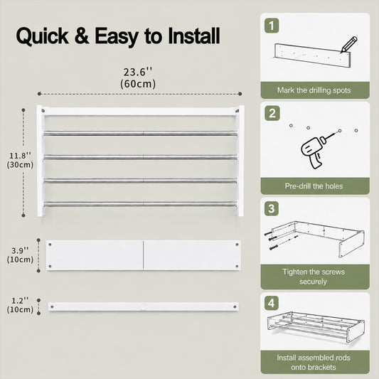 2 Pack Wall Mounted Drying Rack 23.6", Premium Carbon Steel Foldable Wall Mounted Drying Rack with 5 Rods, Wall Drying Rack Apartment, Bathroom, Indoor Outdoor Balcony, White