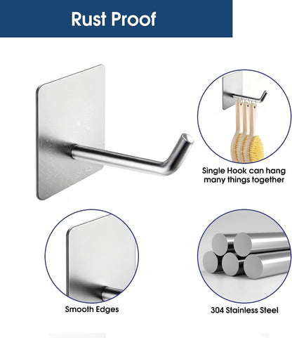 Hawsam 6 Pack Self Adhesive Wall Hooks for Hanging Heavy Duty 44LB(Max) Adhesive Towel Hooks 304 Stainless Steel Sticky Hooks for Robe Coat, Waterproof Shower Hooks for Bathroom Kitchen