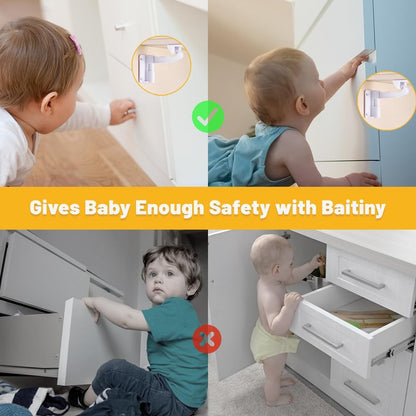 12 Pack Baby Proofing Cabinet Locks, Baitiny Child Proof Upgraded Adhesive Drawer Latch Locks, Invisible No Drilling 12 Piece Child Safety