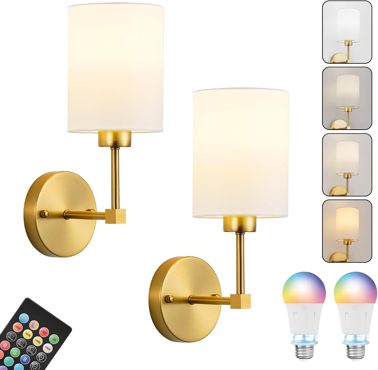 Battery Operated Wall Sconces Set of Two,Wireless Rechargeable Wall Light With Remote Control, Dimmable, Amber Light/Warm White/Natural White/Daylight/RGB, Timer,for Living Room,Bedroom,Entryway,Gold