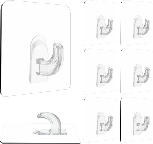Hawsam 8PCS Clear Adhesive Sticky Wall Hooks,No Drilling Strong Waterproof Sticker Hanger for Kitchen, Shower and Bathroom 20kg/44lb. (Max Loading)