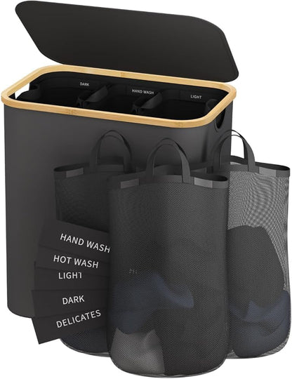 160L Laundry Hamper with Lid, 3 Section Laundry Basket with 3 Removable Bag | Clothes Hampers for Laundry with Bamboo Frame Handle, Large Dirty Clothes Hamper for Laundry Room, Bathroom, Bedroom, Black