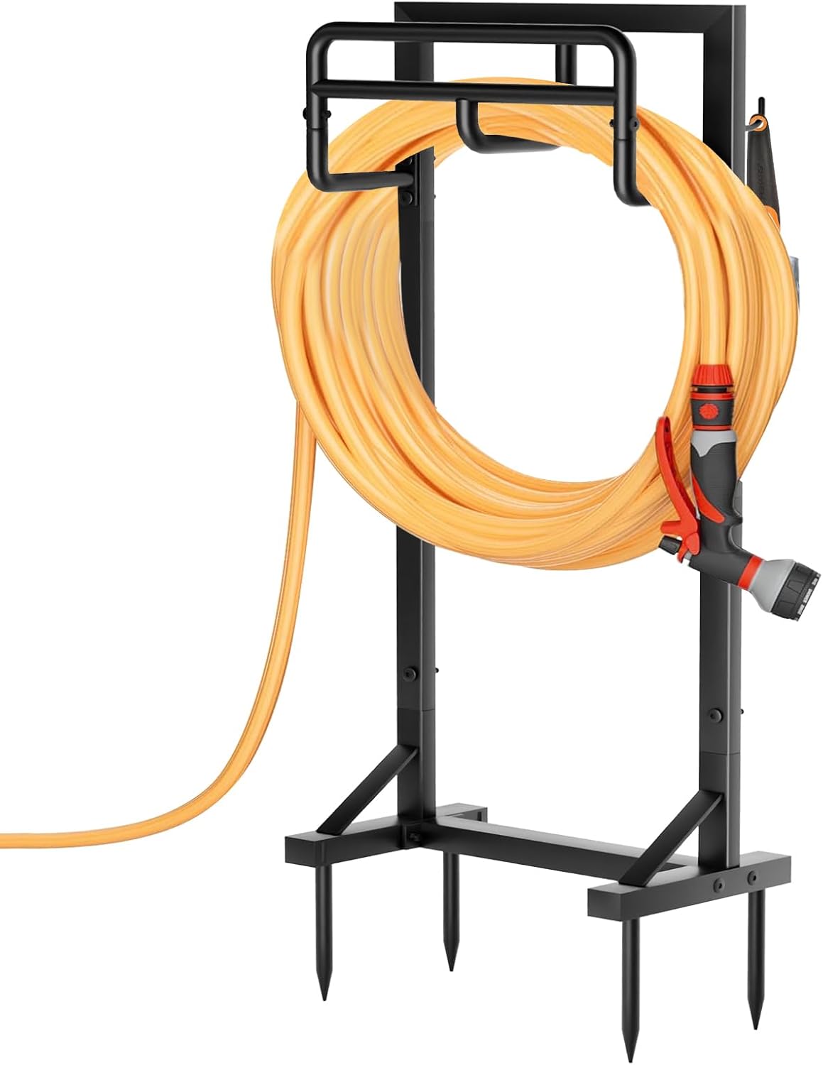 Garden Hose Holder with Stable Base and Tool Hooks, GAVISCITY Heavy-Duty Metal Hose Hanger Garden Hose Storage Holds 151Ft Hose, Rustproof Freestanding Water Hose Holder for Outside, Yard, Lawn, Black
