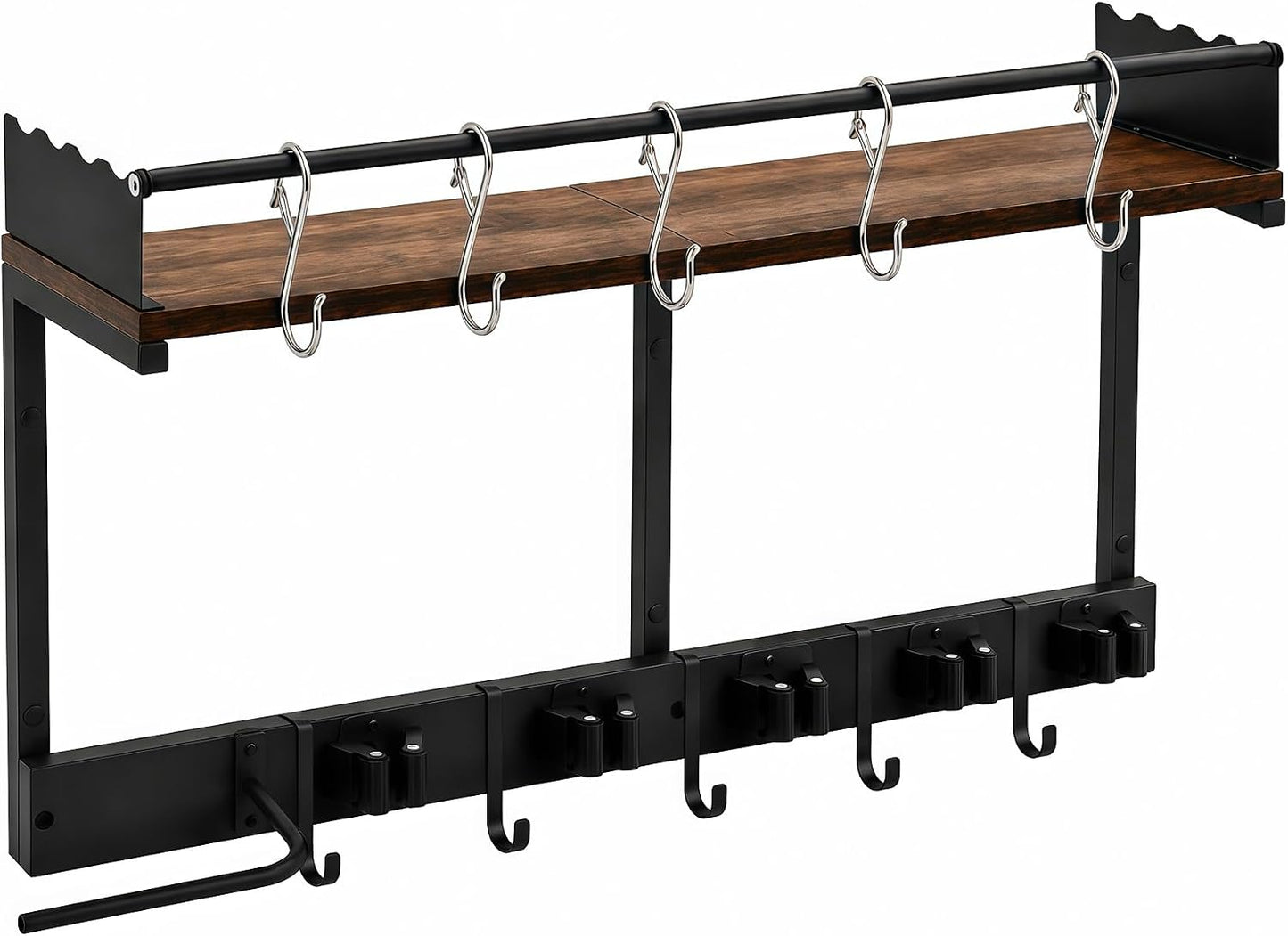 Broom Holder Wall Mount, Heavy Duty Broom and Mop Organizer Wall Hanging with Vacuum Stand, 5 Grippers & 10 Hooks, Utility Racks with Wood Shelf & Guard, Laundry Organization & Storage (S)