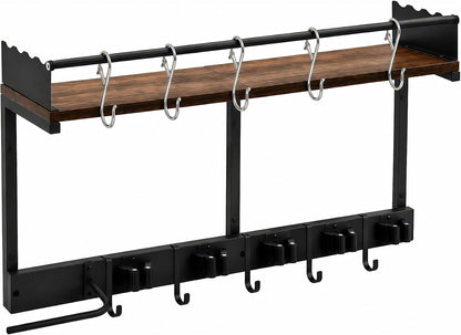 Broom Holder Wall Mount, Heavy Duty Broom and Mop Organizer Wall Hanging with Vacuum Stand, 5 Grippers & 10 Hooks, Utility Racks with Wood Shelf & Guard, Laundry Organization & Storage (S)