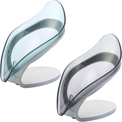 H&W 2Pcs Self Draining Soap Holder,Suction Cup Soap Dish,Shower Soap Bar Holder,Leaf Shape Soap Holder,Soap Dish Dispenser for Shower, Bathroom, Kitchen Sink (Grey + Blue)