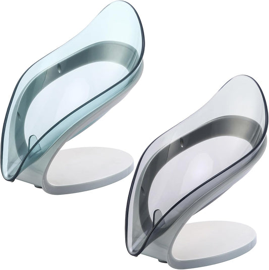 H&W 2Pcs Self Draining Soap Holder,Suction Cup Soap Dish,Shower Soap Bar Holder,Leaf Shape Soap Holder,Soap Dish Dispenser for Shower, Bathroom, Kitchen Sink (Grey + Blue)