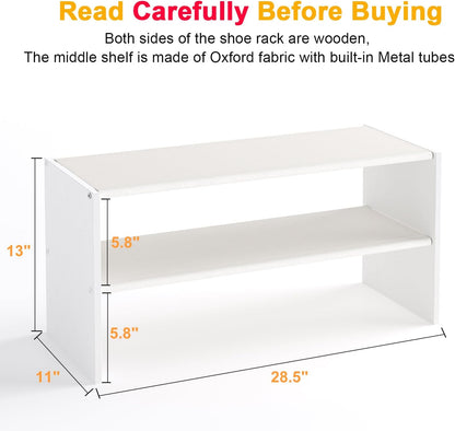 Cidaziya 2 Tier Small White Shoe Rack for Closet, Stackable Shoe Shelf Organizer for 9-12 Pairs of Shoes, Portable Wood and Cloth Structure, Small Shoe Storage Organizer, Size 28.5"* 11" * 13"