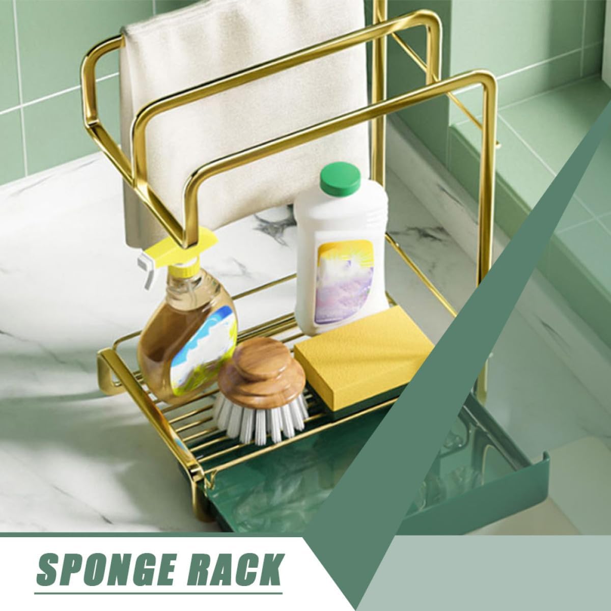 OSALADI Kitchen Wall Hanging Drying Storage Rack with Water Tray Lightweight Drain Stand for Duster Cloths Space-saving Elegant Kitchen Utensil Holder Gold Finish