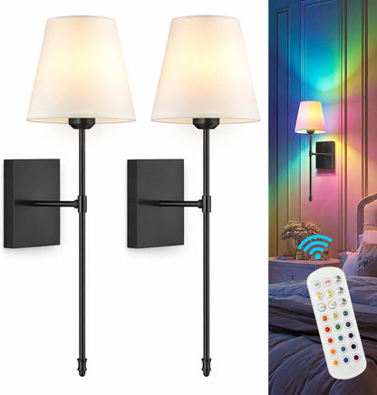 Rechargeable Battery Operated Wall Sconces Set of 2, Black Wireless Fabric Shade Wall Sconce with Remote Control, Dimmable RGB Color Changing Wall Lamp for Bedroom Living Room Hallway, 20.47" Tall
