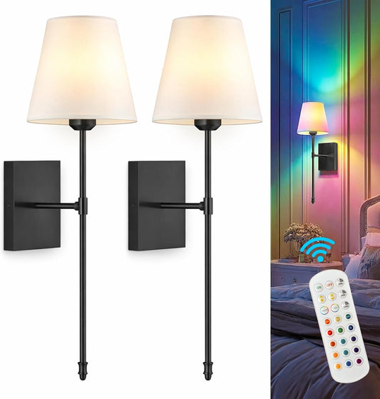 Rechargeable Battery Operated Wall Sconces Set of 2, Black Wireless Fabric Shade Wall Sconce with Remote Control, Dimmable RGB Color Changing Wall Lamp for Bedroom Living Room Hallway, 20.47" Tall