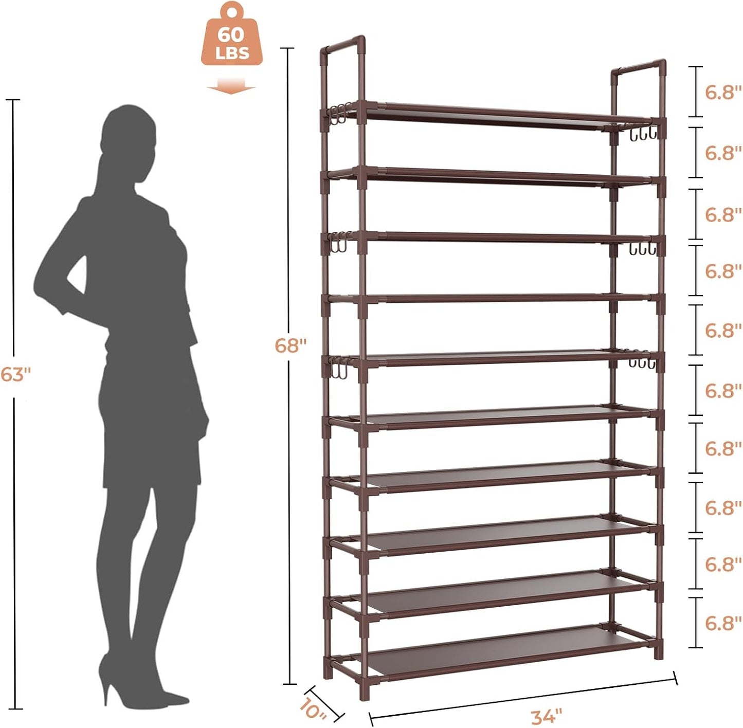 LANTEFUL 10 Tiers Tall Shoe Rack 20-25 Pairs Boots Organizer Storage Sturdy Narrow Shoe Shelf for Entryway, Closets with Hooks, Black