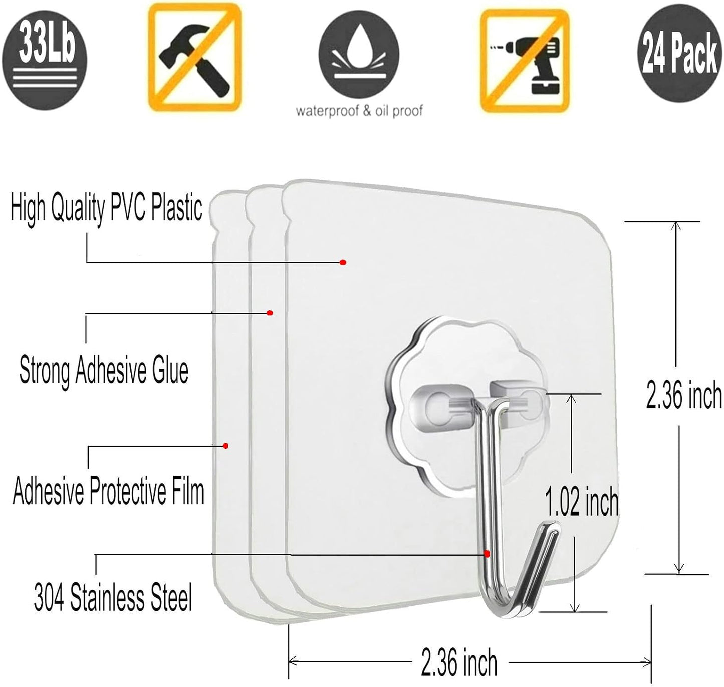 Jwxstore 24 Pack Adhesive Wall Hooks 33LB Heavy Duty No Drill Transparent Waterproof Hooks for Bathroom Kitchen Towel Coat Office Home Outdoor