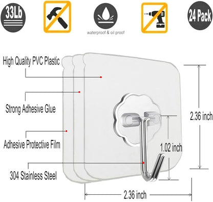 Jwxstore 24 Pack Adhesive Wall Hooks 33LB Heavy Duty No Drill Transparent Waterproof Hooks for Bathroom Kitchen Towel Coat Office Home Outdoor