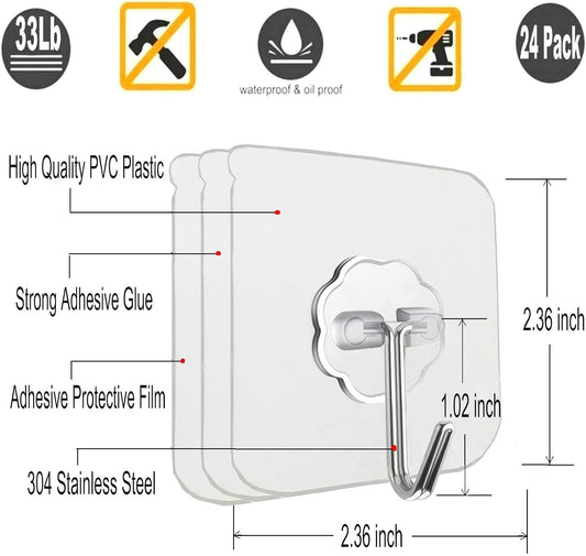 Jwxstore 24 Pack Adhesive Wall Hooks 33LB Heavy Duty No Drill Transparent Waterproof Hooks for Bathroom Kitchen Towel Coat Office Home Outdoor