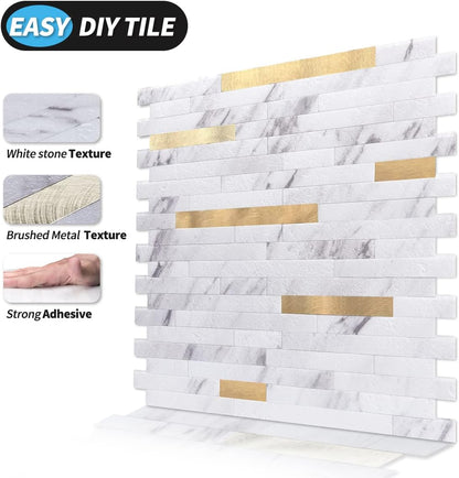 Art3d 10-Sheet Peel and Stick Backsplash Tile for Kitchen Bathroom Fireplace Laundry Room in White Slate with Gold Studded