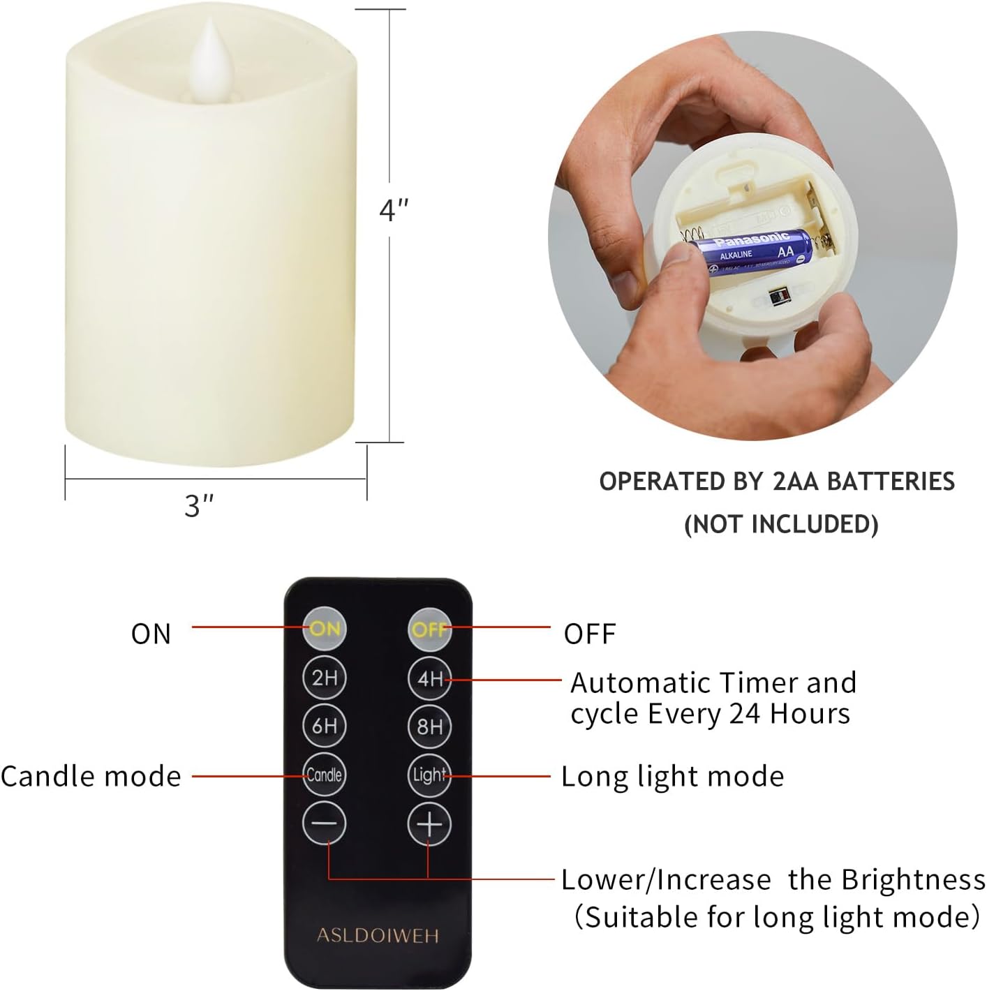 3x3 Flickering Flameless Candles Set of 2, 2AA Battery Life 600 Hours Battery Candles Flickering with Timer,3 inch Flameless Candles with Remote for Indoor/Outdoor, Ivory