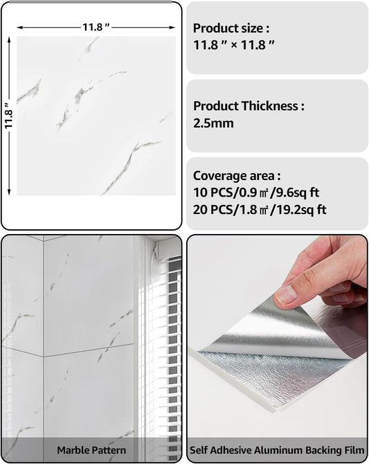 WADILE 10pcs Peel and Stick Shower Waterproof Marble Tiles Wall Panels, 11.8"x11.8" Self-Adhesive Backsplash, for Home Bathroom, Kitchen, Living Room White (Not Real Tile)