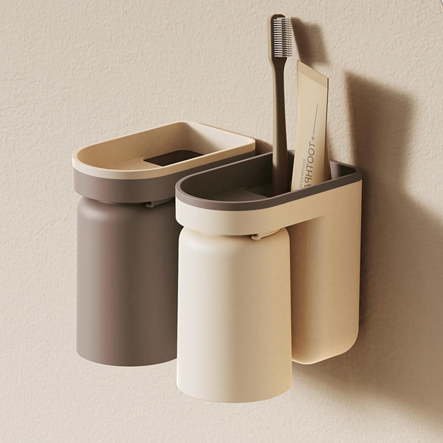 Toothbrush Holder Wall Mounted with Cup,2-in-1 Toothbrush Holders & Cups Set,Inverted Design for Easy Cleaning and draining,Stick-on Toothbrush Holder for Bathroom (4 Pack)