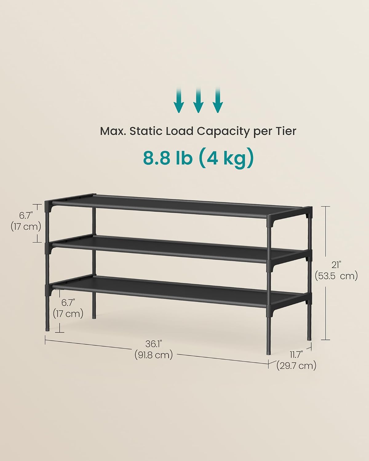 SONGMICS Shoe Rack, 2-Tier Shoe Storage Organizer, Space-Saving, 11.7 x 16.5 x 12.2 Inches, Entryway, Metal Frame, Non-Woven Fabric Shelves, Ink Black ULSH012BH01