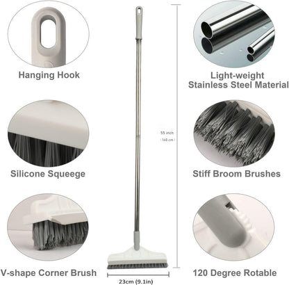 2 in 1 Floor Brush Scrubber with Long Handle Grout Brush 3 Poles 53.5'' New Upgrade Stiff Bristle Cleaning Scrub Brush with Squeegee 120°Rotating Tile Brush for Cleaning Bathroom Glass Patio Kitchen