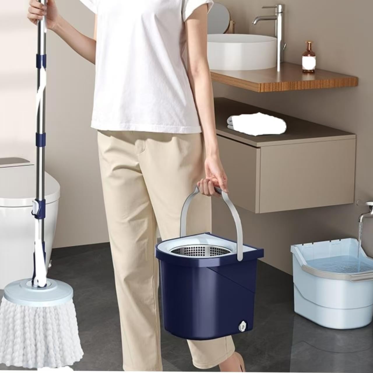 Spin Mop and Bucket Set with 4 Washable Microfiber Mop Heads, Durable Handle System for Hardwood Floor, Tile, and All Surface Cleaning