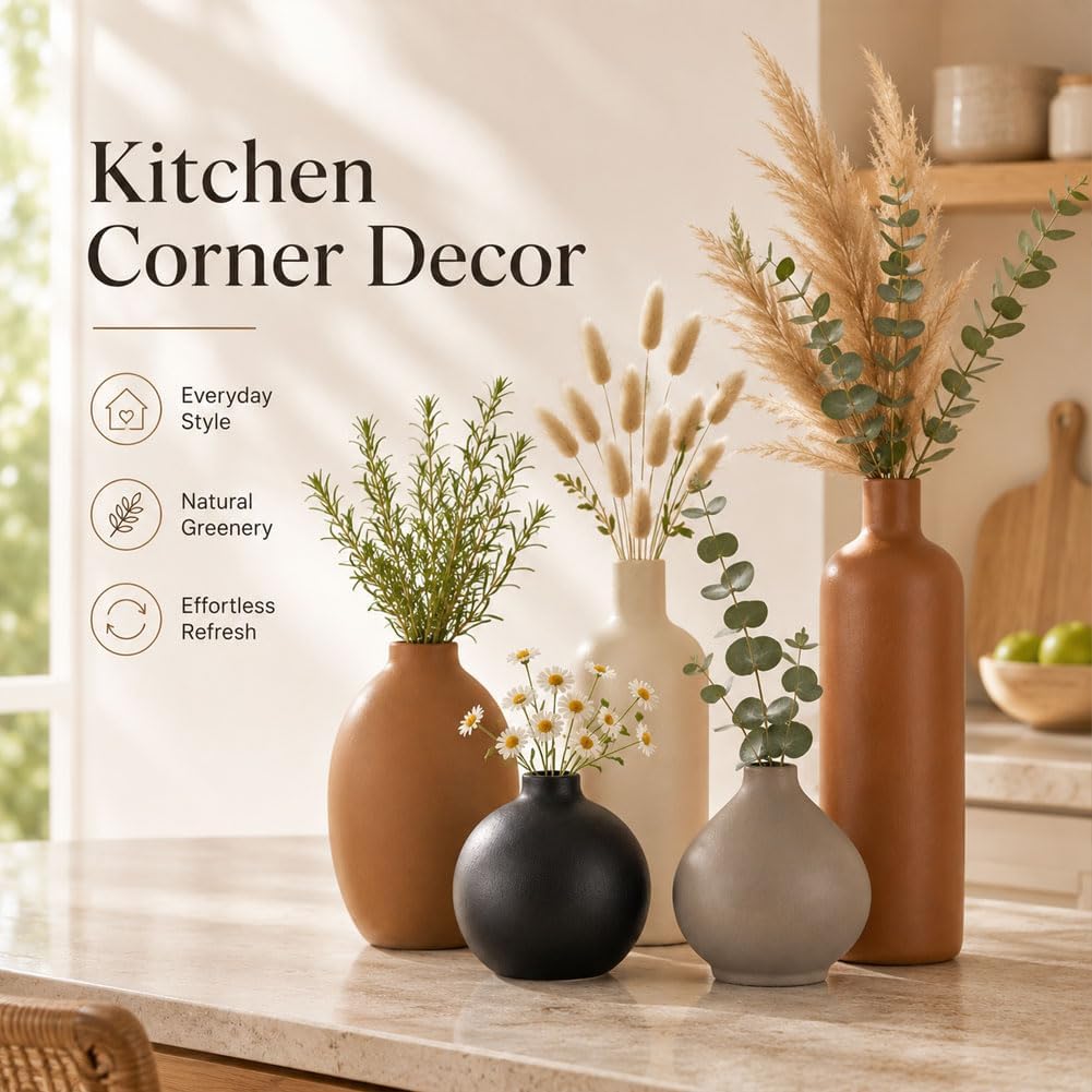 Ceramic Vase Set of 4, Modern Vases Home Decor, Neutral Decorative Vase for Bouquet Pampas Grass Dried Fresh Flowers, Small Vase for Living Room, Kitchen, Bedroom, Bathroom, Entryway Mantel, Decor