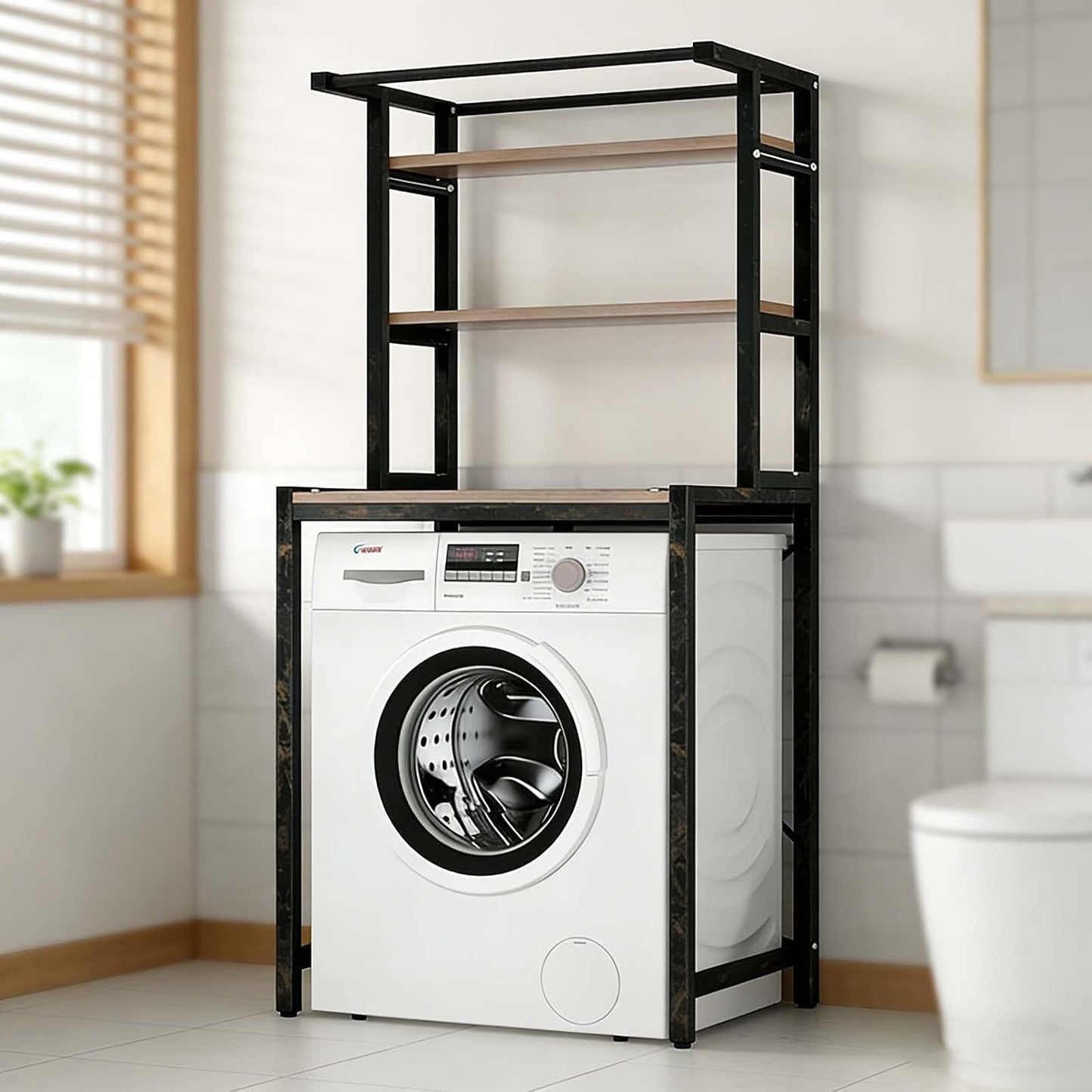 Over The Washer Storage Shelf – Space-Saving Laundry Room Organizer, Sturdy Bathroom Storage Rack for Essentials(Black,Two Layers)