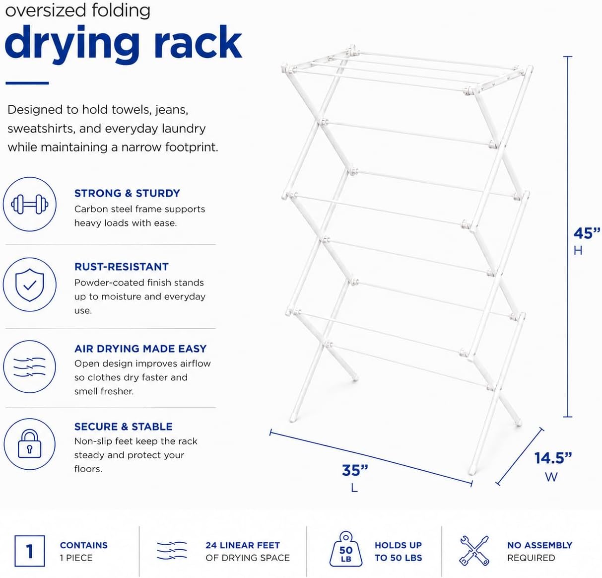 Honey-Can-Do Oversized Collapsible Clothes Drying Rack, 35", 50 lb, Grey | Oversized 35" x 45" steel rack holds 50 lb and folds flat for storage. Air-dry a full load indoors or outdoors.