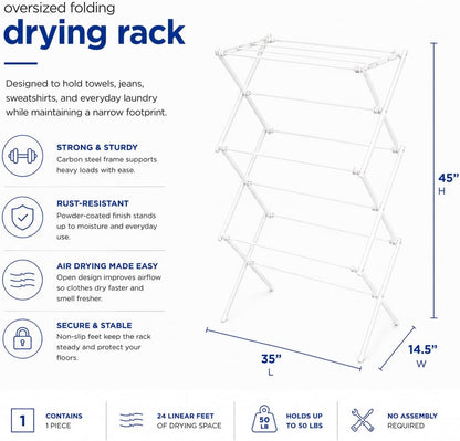 Honey-Can-Do Oversized Collapsible Clothes Drying Rack, 35", 50 lb, Grey | Oversized 35" x 45" steel rack holds 50 lb and folds flat for storage. Air-dry a full load indoors or outdoors.