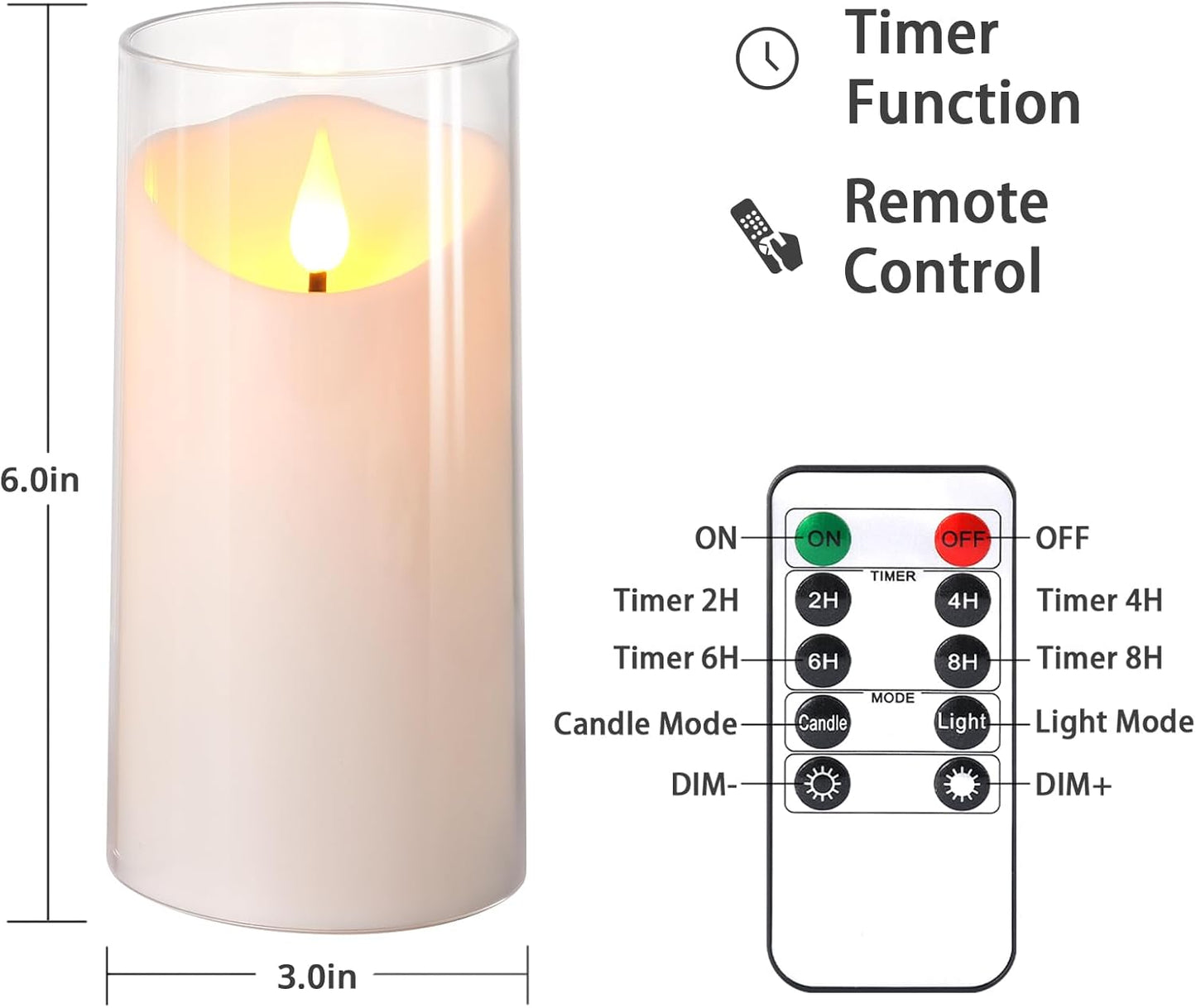 NURADA Flameless Candles with Remote Timer - Glass Real Wax 3D Wick LED Pillar Votive Candle Set Battery Operated Flickering Light for Home Christmas Decoration - White 3 Pack