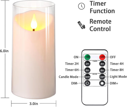 NURADA Flameless Candles with Remote Timer - Glass Real Wax 3D Wick LED Pillar Votive Candle Set Battery Operated Flickering Light for Home Christmas Decoration - White 3 Pack